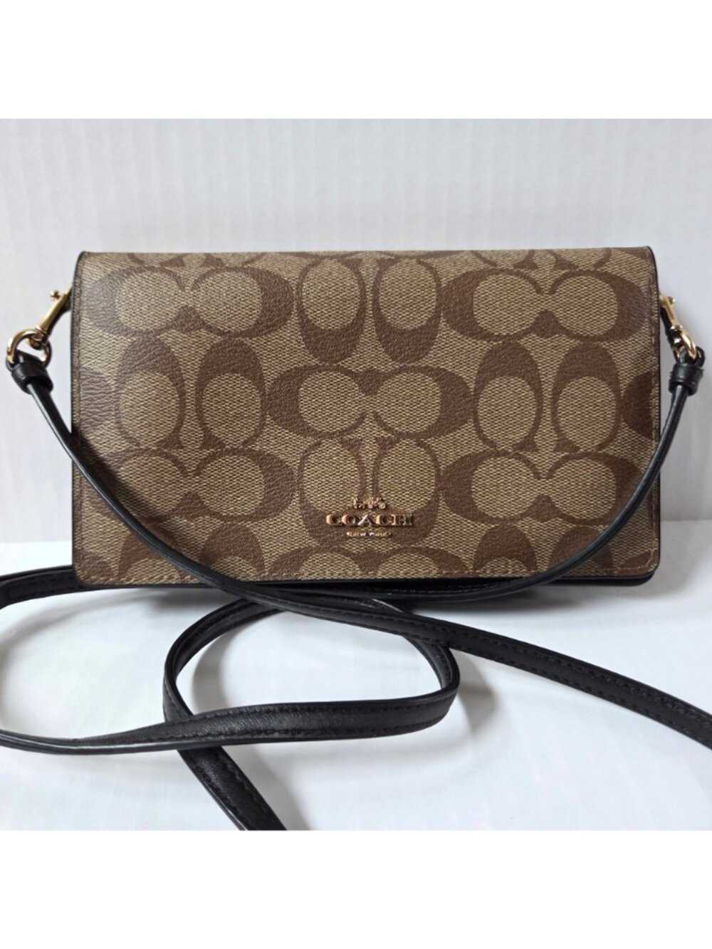 Coach Anna Foldover Clutch Crossbody Brown Signature Canvas & Leather Purse - Picture 3 of 16